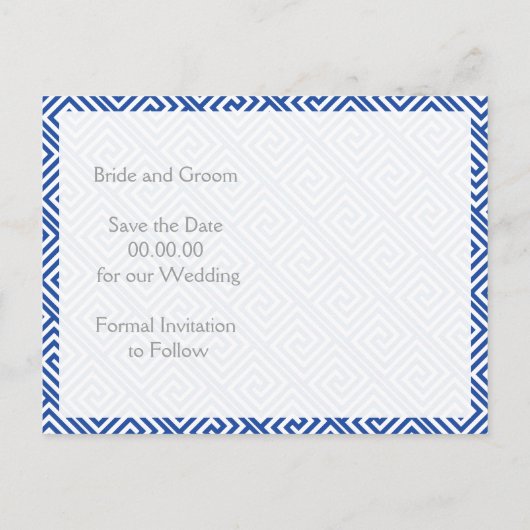 Blauwe Griekse sleutel en kolom bruiloft Save the Aankondigingskaart (Achterkant)