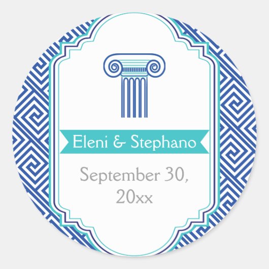 Blauwe Griekse sleutel en kolom bruiloft Save the  Ronde Sticker (Voorkant)