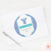 Blauwe Griekse sleutel en kolom bruiloft Save the  Ronde Sticker (Envelop)