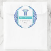 Blauwe Griekse sleutel en kolom bruiloft Save the  Ronde Sticker (Tas)