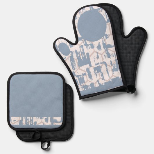 Blauwe grijs ovenwant & pannenlap set (Voorkant / Achterkant)