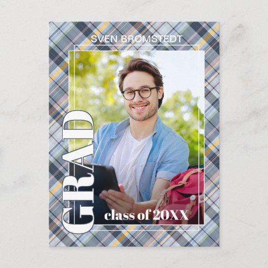 Blauwe grijze aankondiging Afstuderen Tartan Briefkaart (Voorkant)