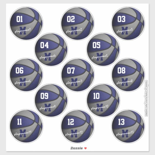blauwe grijze basketbal op maat 13 spelersnamen sticker (Vel)
