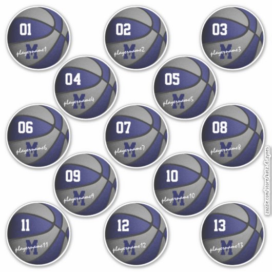 blauwe grijze basketbal op maat 13 spelersnamen sticker (Voorkant)
