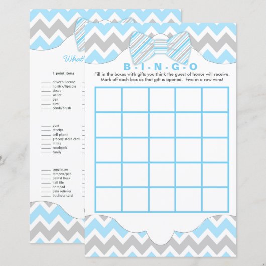 Blauwe grijze Bingo en baby showers spelletjes met (Voorkant / Achterkant)