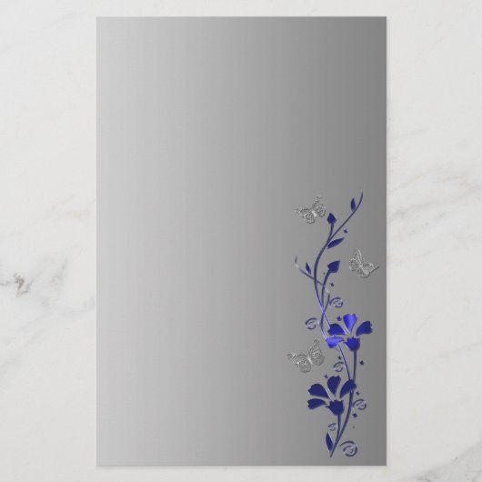 Blauwe, Grijze Bloemenvlinders Bruiloft Stationery Briefpapier (Voorkant)