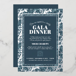 Blauwe grijze botanische vormgeving gala dinegebeu folie uitnodiging