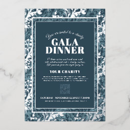 Blauwe grijze botanische vormgeving gala dinegebeu folie uitnodiging