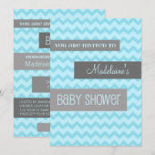 Blauwe grijze Chevron Custom Baby Shower Invitatie Kaart (Voorkant / Achterkant)