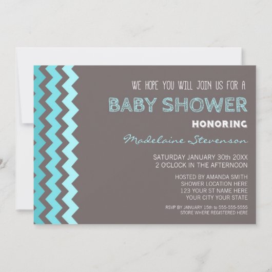 Blauwe grijze Chevron Custom Baby Shower Invitatie Kaart (Achterkant)
