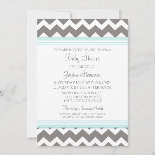 Blauwe grijze Chevron Custom Baby Shower Invitatie Kaart (Achterkant)