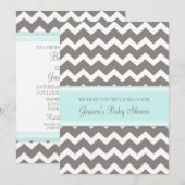 Blauwe grijze Chevron Custom Baby Shower Invitatie Kaart (Voorkant / Achterkant)