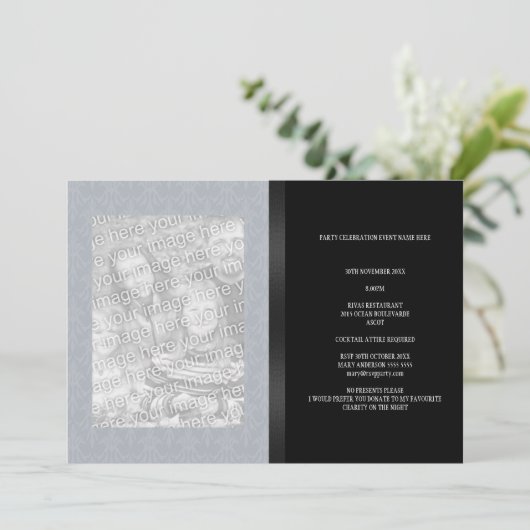 Blauwe grijze Floral Damask Black Foto Alle evenem Kaart (Staand voorkant)
