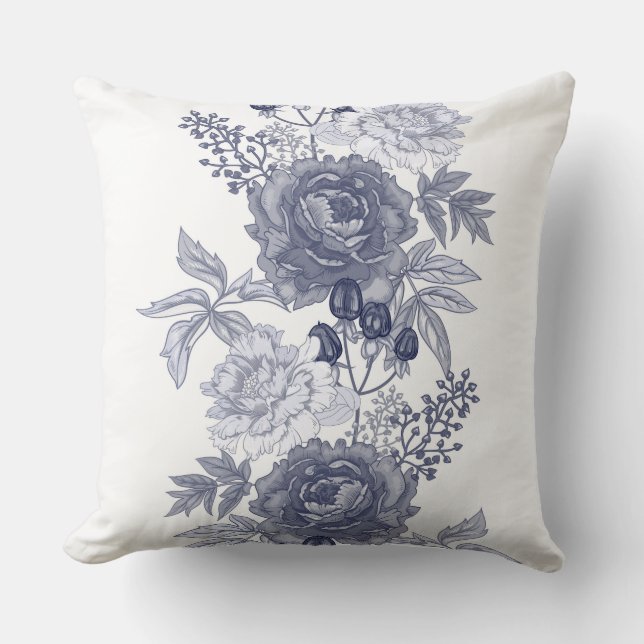 Blauwe grijze Floral Kussen (Voorkant)