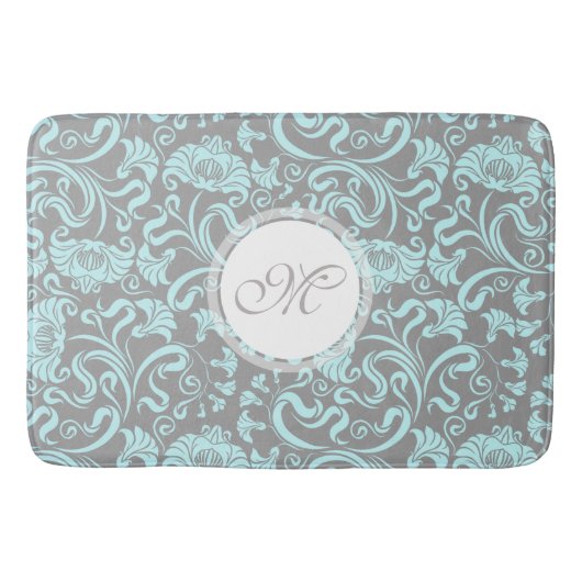 Blauwe grijze  Floral Pattern Monogram Bath Mat (Voorkant)