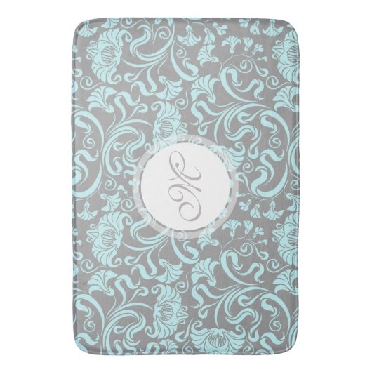 Blauwe grijze  Floral Pattern Monogram Bath Mat (Voorkant Verticaal)