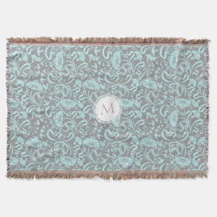 Blauwe grijze  Floral Pattern Monogram Blanket Deken
