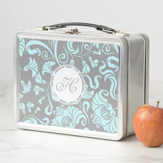 Blauwe grijze  Floral Pattern Monogram Lunchbox (In situ)