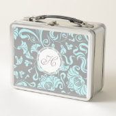 Blauwe grijze  Floral Pattern Monogram Lunchbox (Voorkant)