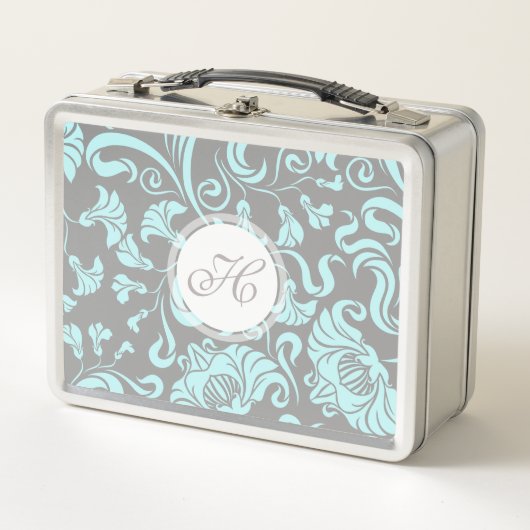 Blauwe grijze  Floral Pattern Monogram Lunchbox (Voorkant)
