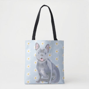 Blauwe Grijze Franse Bulldog met Daisies Tote Bag