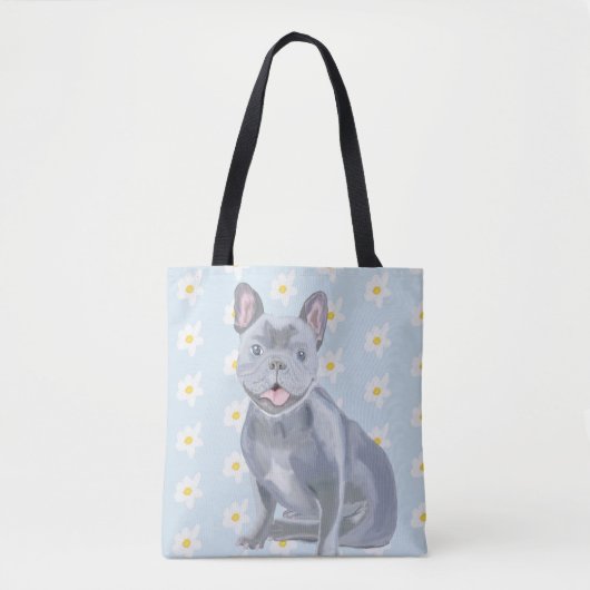 Blauwe Grijze Franse Bulldog met Daisies Tote Bag (Voorkant)