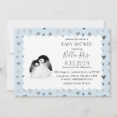 Blauwe grijze harten Penguins Baby Shower Invitati Kaart (Voorkant)