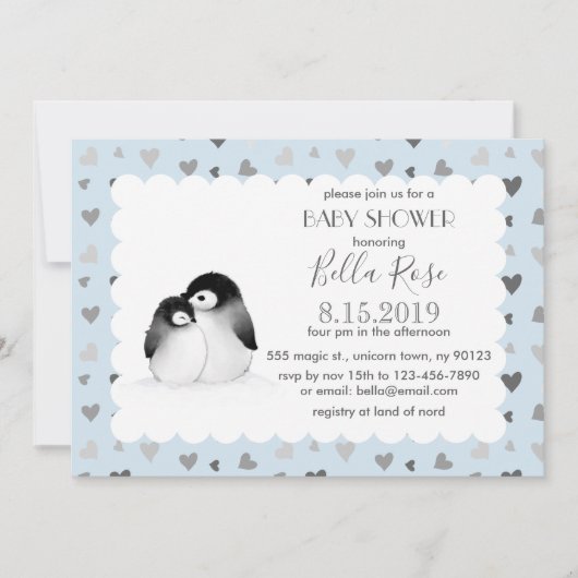 Blauwe grijze harten Penguins Baby Shower Invitati Kaart (Voorkant)