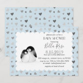 Blauwe grijze harten Penguins Baby Shower Invitati Kaart (Voorkant / Achterkant)