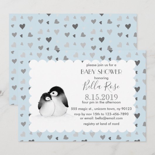 Blauwe grijze harten Penguins Baby Shower Invitati Kaart (Voorkant / Achterkant)