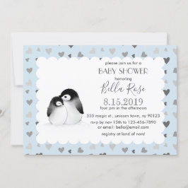 Blauwe grijze harten Penguins Baby Shower Invitati Kaart