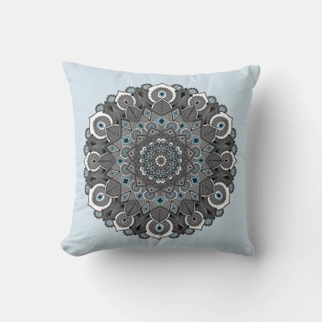 Blauwe grijze Mandala Pillow Kussen (Voorkant)