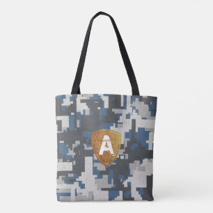 Blauwe grijze militaire stenen met uw Monogram Tote Bag