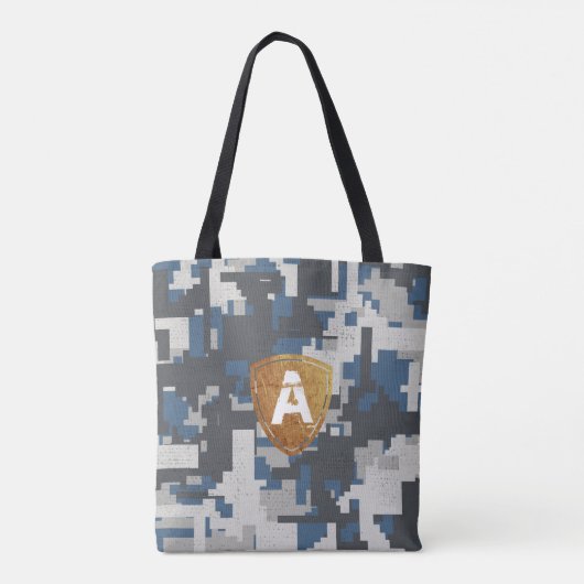 Blauwe grijze militaire stenen met uw Monogram Tote Bag (Achterkant)