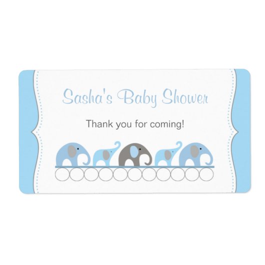 Blauwe & Grijze Olifanten Baby showers Waterfles Etiket (Voorkant)