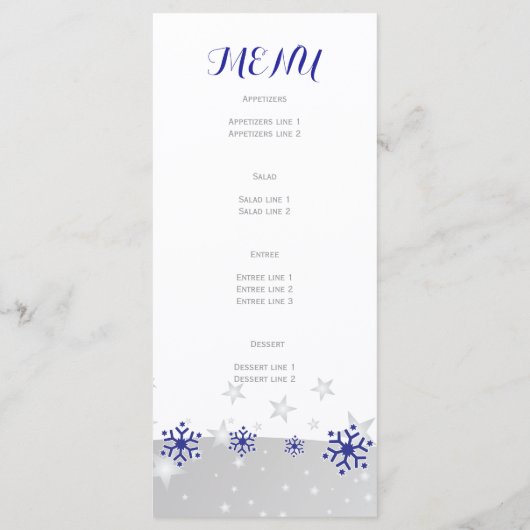 Blauwe grijze sneeuwvlokken modern wintertrouwmenu menu (Achterkant)