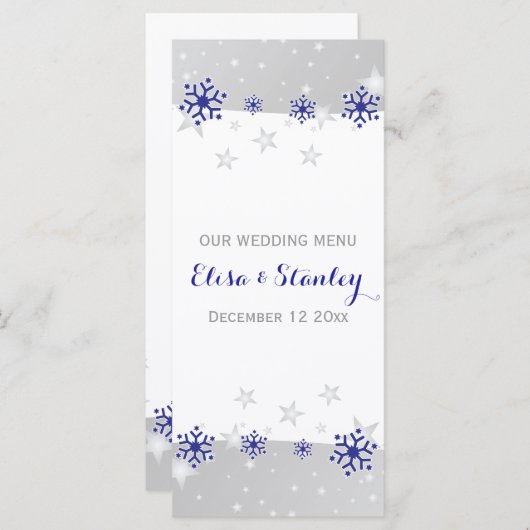 Blauwe grijze sneeuwvlokken modern wintertrouwmenu menu (Voorkant / Achterkant)