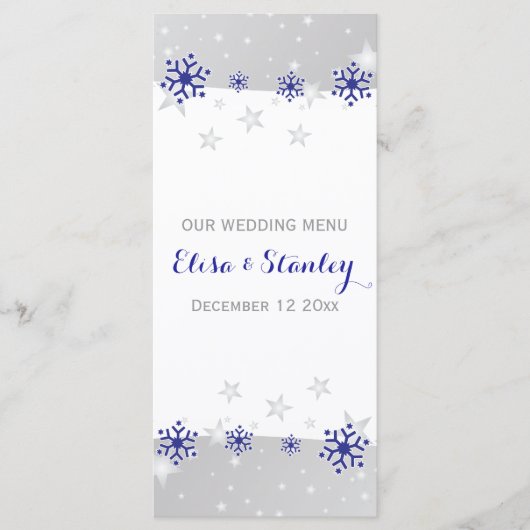 Blauwe grijze sneeuwvlokken modern wintertrouwmenu menu (Voorkant)