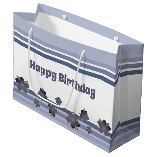 Blauwe grijze streep Birthday Gift Bag Tas Stijl Groot Cadeauzakje (Voorkant Gekanteld)