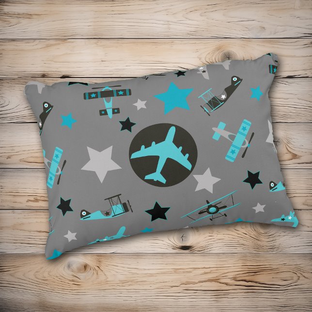 Blauwe grijze vliegtuigpatroon accent kussen (Creator heeft geüpload)