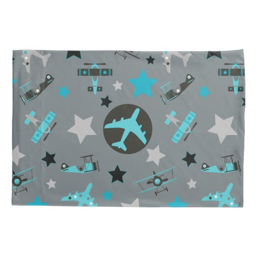 Blauwe grijze vliegtuigpatroon kussensloop (Achterkant)