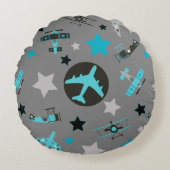 Blauwe grijze vliegtuigpatroon rond kussen (Voorkant)