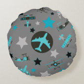 Blauwe grijze vliegtuigpatroon rond kussen (Achterkant)