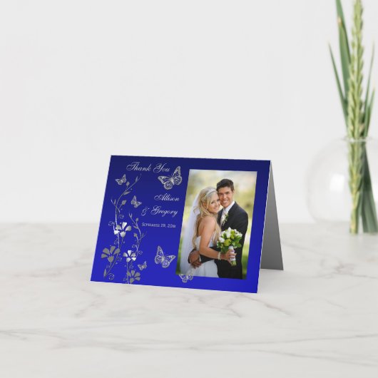 Blauwe, grijze vlinder bloem foto dankkaart bedankkaart (Voorkant)