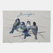 Blauwe grijze vogels Elegant Waterverf Aangepaste Theedoek (Horizontaal)