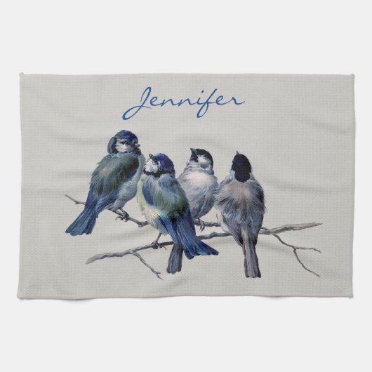 Blauwe grijze vogels Elegant Waterverf Aangepaste Theedoek (Horizontaal)