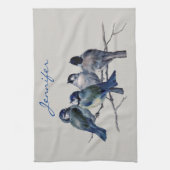 Blauwe grijze vogels Elegant Waterverf Aangepaste Theedoek (Verticaal)