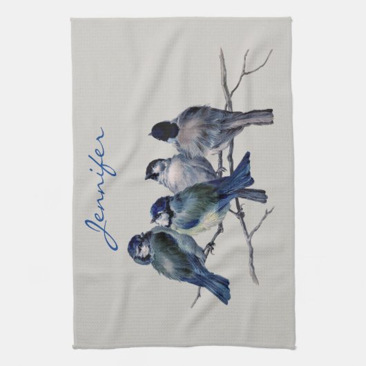 Blauwe grijze vogels Elegant Waterverf Aangepaste Theedoek (Verticaal)