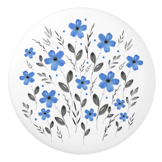 Blauwe grijze Waterverf Floral Motif Keramische Knop (Voorkant)