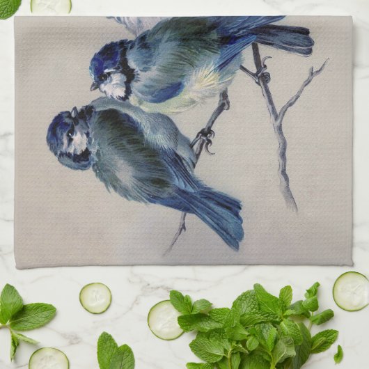 blauwe grijze Waterverf vogels Theedoek (Gevouwen)